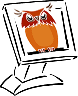 Sage the Owl is perched on the screen of a flat LCD monitor.